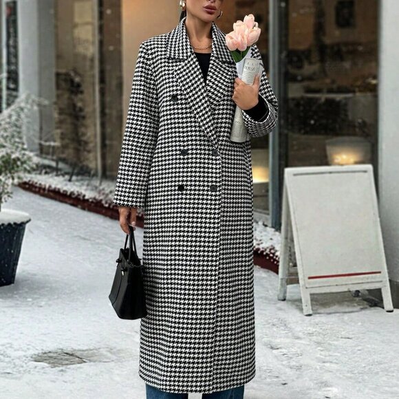 Black And White Elegant Women's Houndstooth Lapel Double-Breasted Long Jacket - Picture 6 of 6